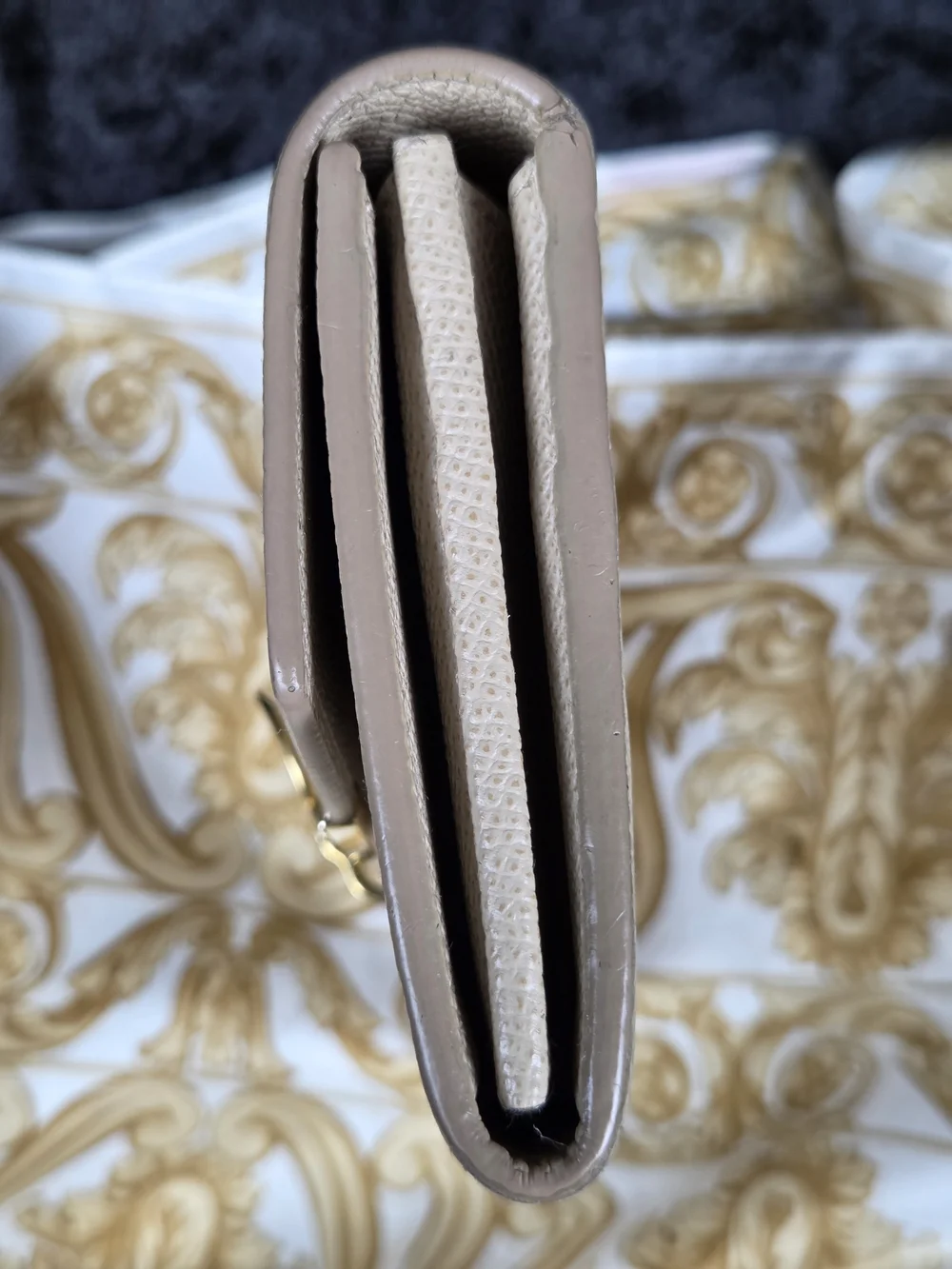 Salvatore Ferragamo Beige Leather Chain Clutch with Gold Hardware